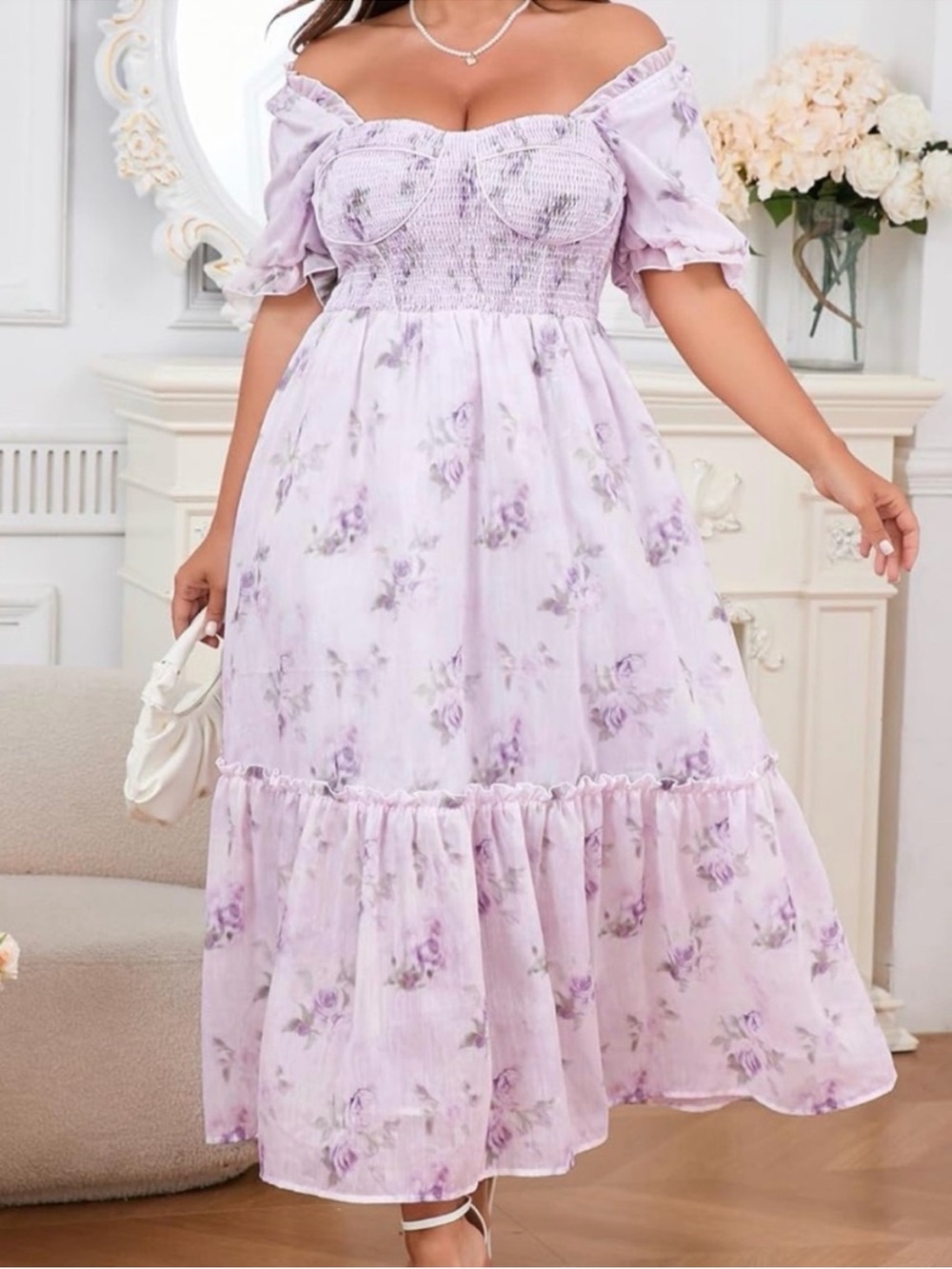 Off-Shoulder Lavender Floral Midi Dress